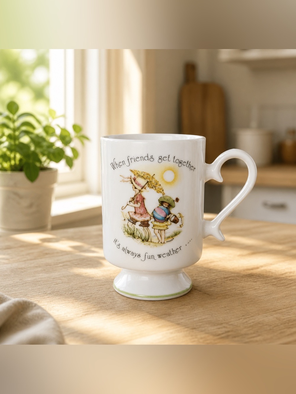 Holly Hobbie vintage porcelain pedestal mug features a When friends get together